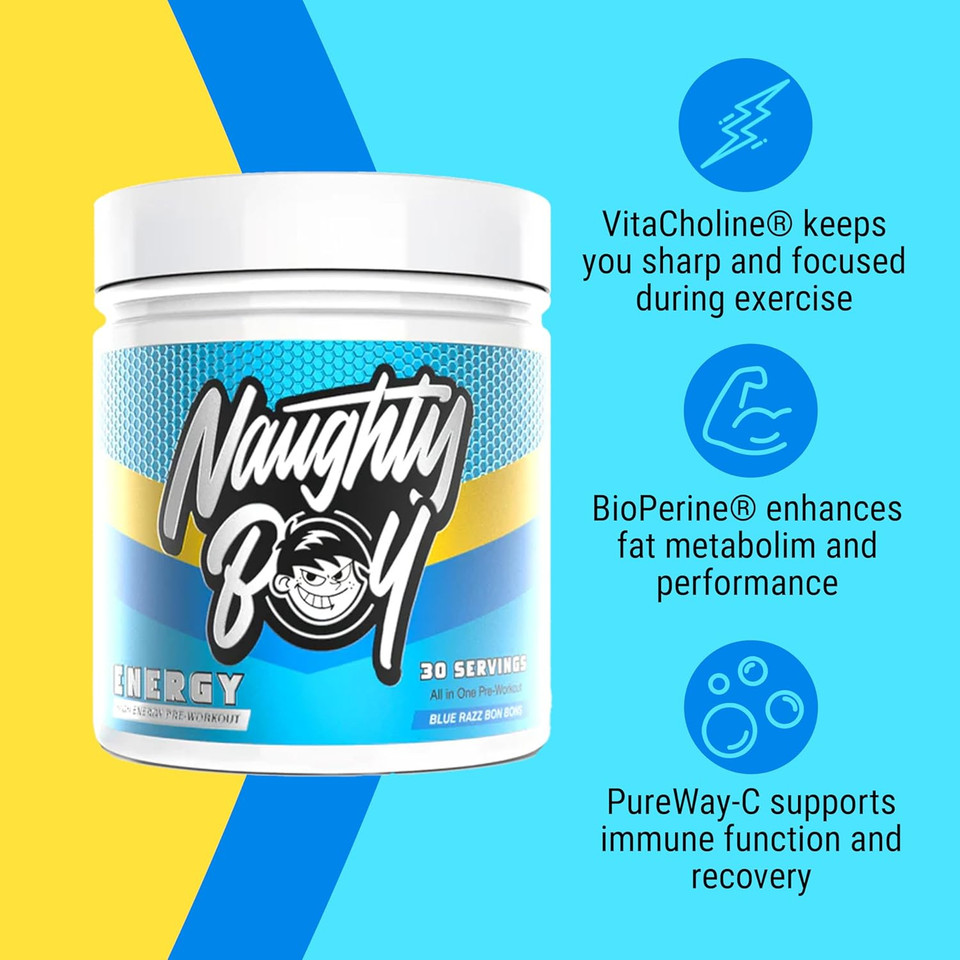 Naughty Boy High Energy Pre Workout Powder with Beta Alanine, Citrulline & Caffeine Supplements for Men & Women Clinically Dosed Energy Drink- 390g/30 Servings (Candy Bubblegum)
