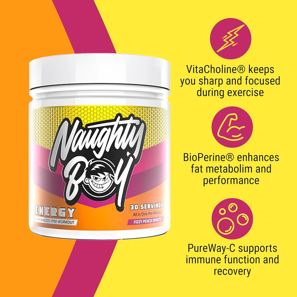 Naughty Boy High Energy Pre Workout Powder with Beta Alanine, Citrulline & Caffeine Supplements for Men & Women Clinically Dosed Energy Drink- 390g/30 Servings (Candy Bubblegum)