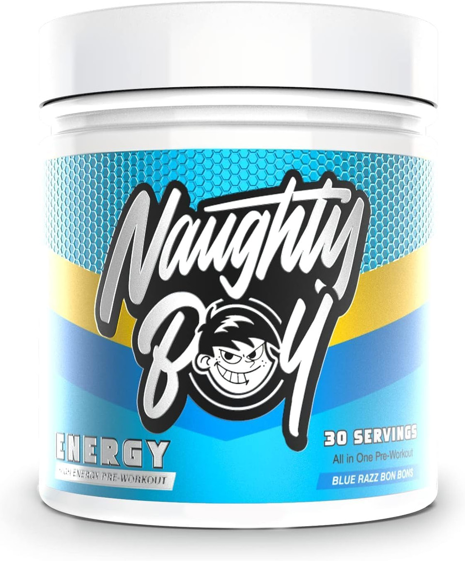 Naughty Boy High Energy Pre Workout Powder with Beta Alanine, Citrulline & Caffeine Supplements for Men & Women Clinically Dosed Energy Drink- 390g/30 Servings (Blue Razz Bon Bons)