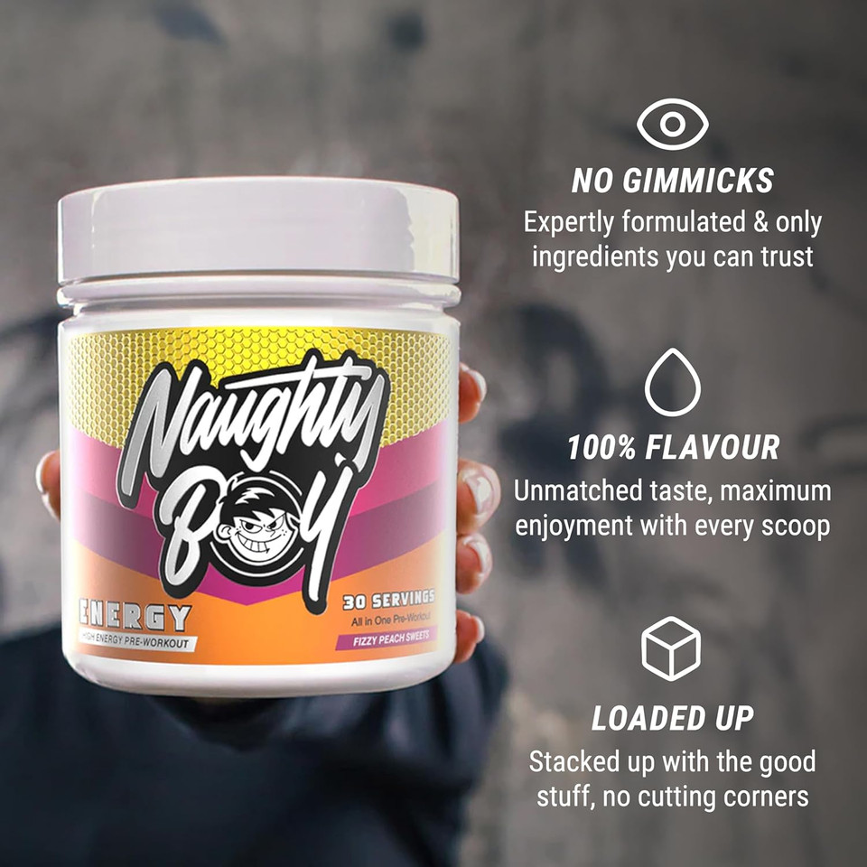 Naughty Boy High Energy Pre Workout Powder with Beta Alanine, Citrulline & Caffeine Supplements for Men & Women Clinically Dosed Energy Drink- 390g/30 Servings (Blue Razz Bon Bons)