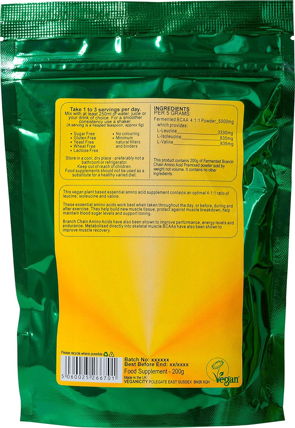 Veganicity Fermented BCAA 4:1:1 Powder : Amino Acid Supplement : 200g, in a recyclable pouch