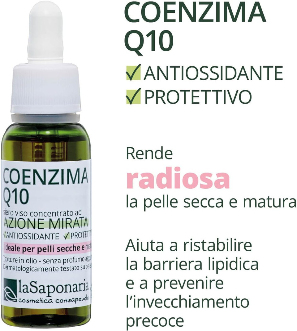 La Saponaria Coenzyme Q10 Serum, Anti-Ageing, Wrinkles & Fine Lines, Antioxidant, Vitamin E, Firming, All Skin Types, Moisturiser, Natural, Vegan, Cruelty-Free, Recycled Packaging, Organic, 30ml