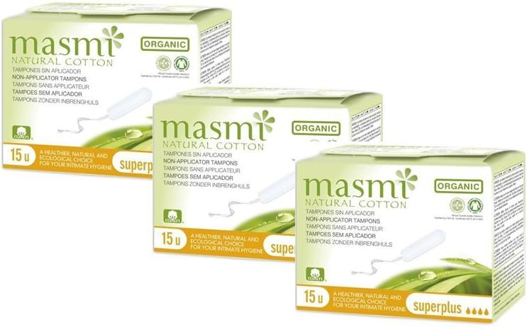 Masmi organic tampons, 3 pack, made from certified organic cotton. Superplus