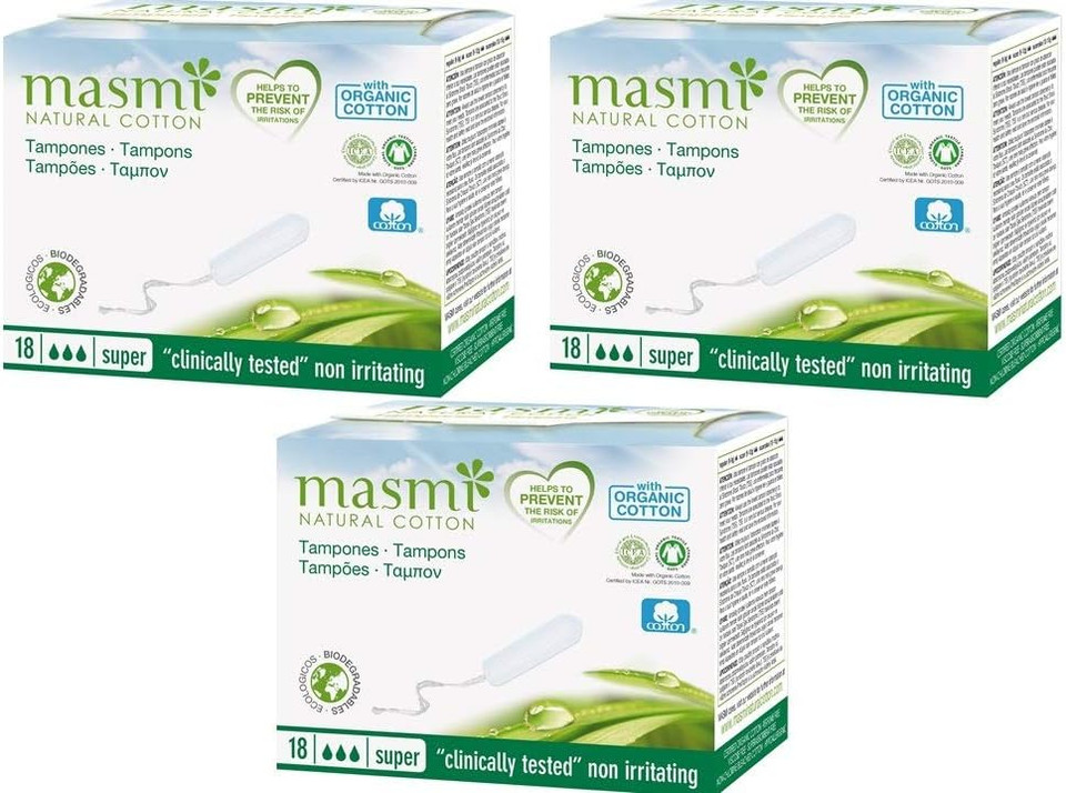 3 x 18 Masmi Super Tampons Organic Cotton Non Applicator, Plastic Free, 100% Biodegradable, Hypoallergenic, Perfume, Viscose, Rayon, Chlorine and Dioxin Free
