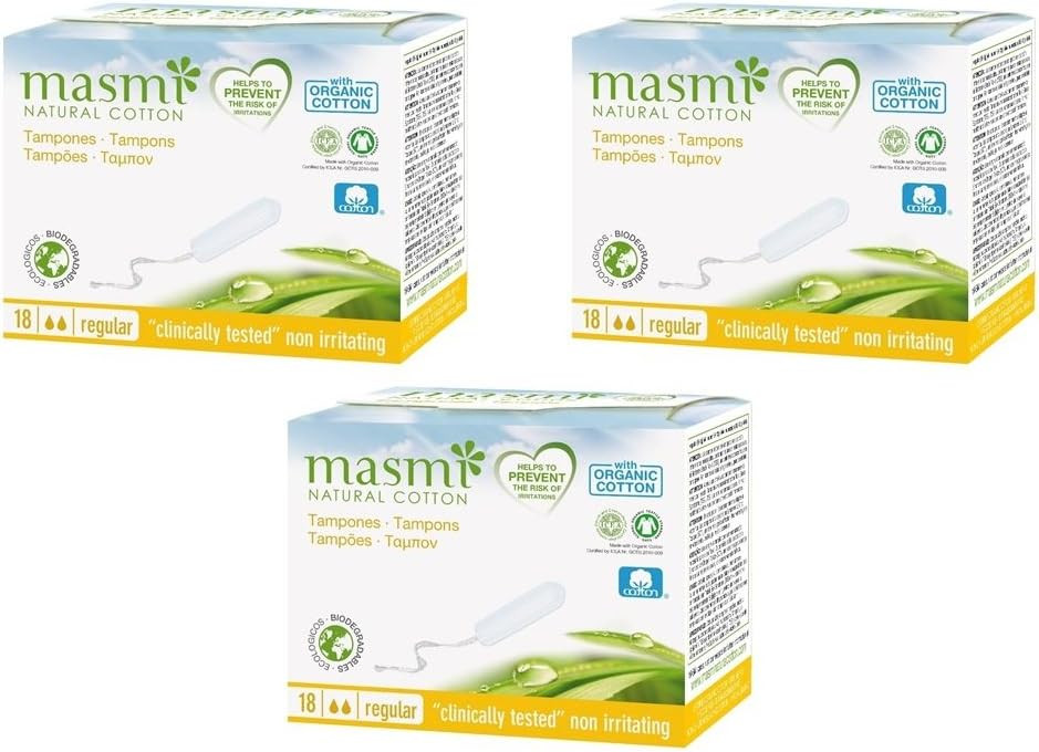 3 x18 Masmi Regular Tampons Organic Cotton Non Applicator, Plastic Free, Hypoallergenic, Biodegradable, Perfume, Viscose, Rayon, Chlorine and Dioxin Free (Triple Pack)