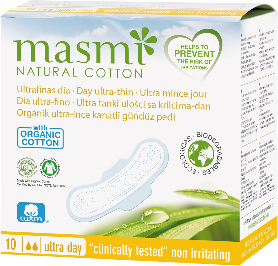Masmi Organic Ultra Thin Day Pads with Wings Individually Wrapped Certified Organic Cotton Hypoallergenic Biodegradable Perfume Viscose Rayon Chlorine and Dioxin Free (Single Pack)
