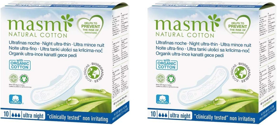 10 Masmi Ultra-Thin Organic Cotton Night Pads with Wings Individually Wrapped 100% Biodegradable, Perfume Viscose Rayon Chlorine Dioxin Free (2)