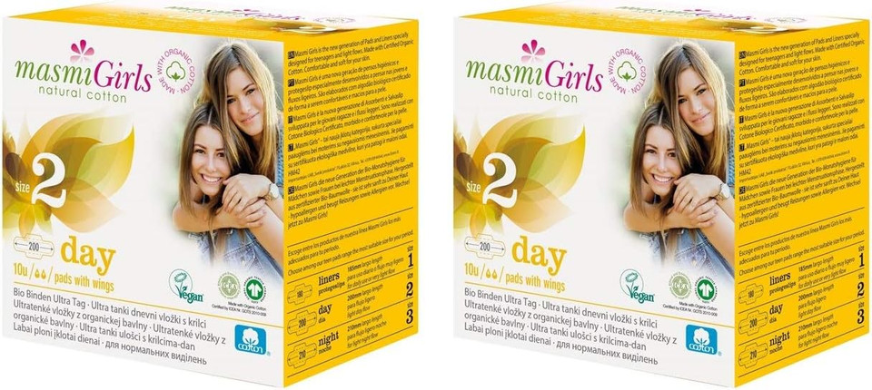 2 x 10 Organic Teen First Period Day Pads with Wings. Organic, Vegan, Biodegradable, Individually Wrapped. Masmi