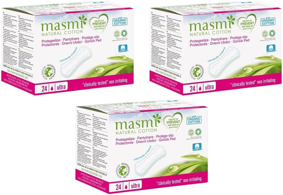Masmi Ultra Thin Panty Liners Organic Cotton Certified, Individually Wrapped Hypoallergenic, Biodegradable, Perfume, Chlorine and Dioxin Free (Triple Pack)