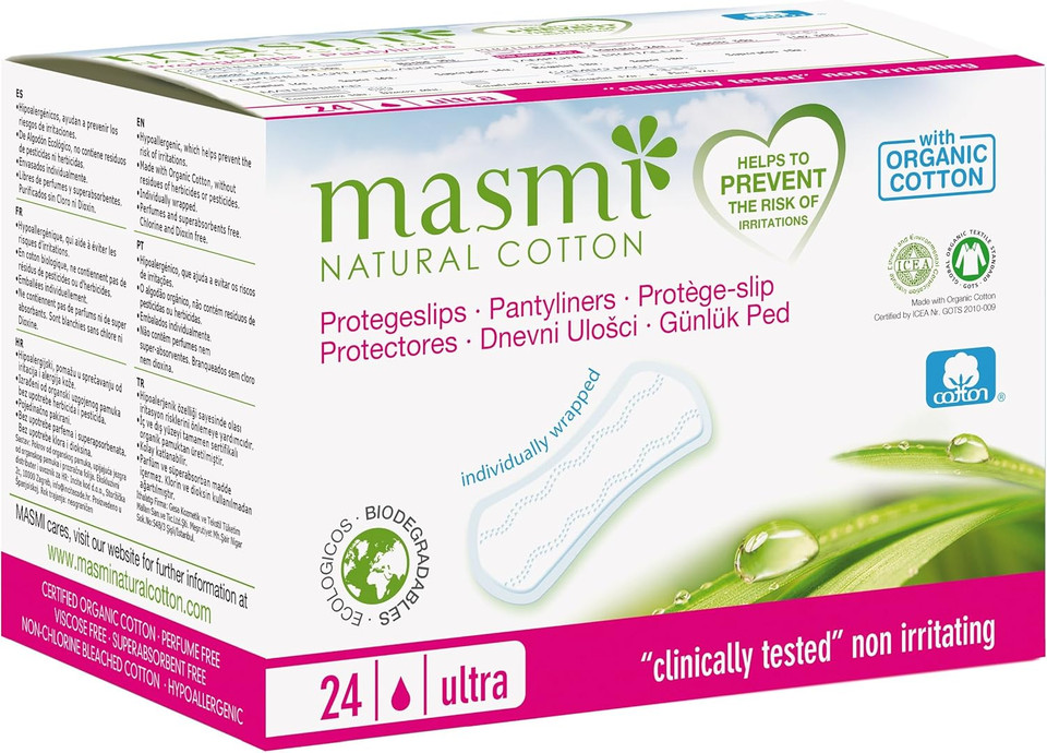 Masmi Ultra Thin Panty Liners Organic Cotton Certified, Individually Wrapped Hypoallergenic, Biodegradable, Perfume, Chlorine and Dioxin Free (Single Pack)