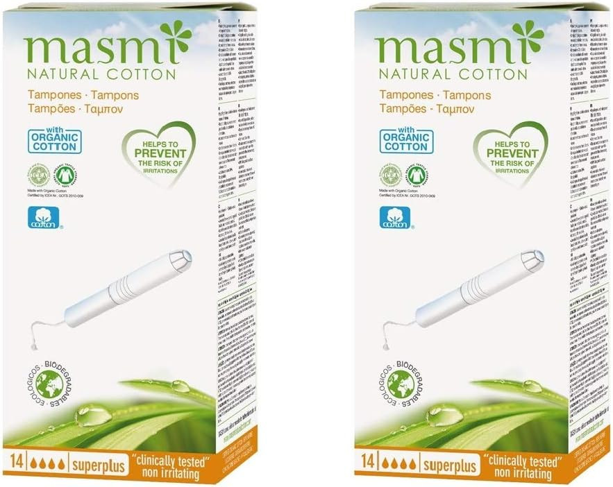 14 Masmi Super Plus Applicator Tampons Certified Organic Cotton, Hypoallergenic, Biodegradable, Perfume, Viscose, Rayon, Chlorine and Dioxin Free (Twin Pack)