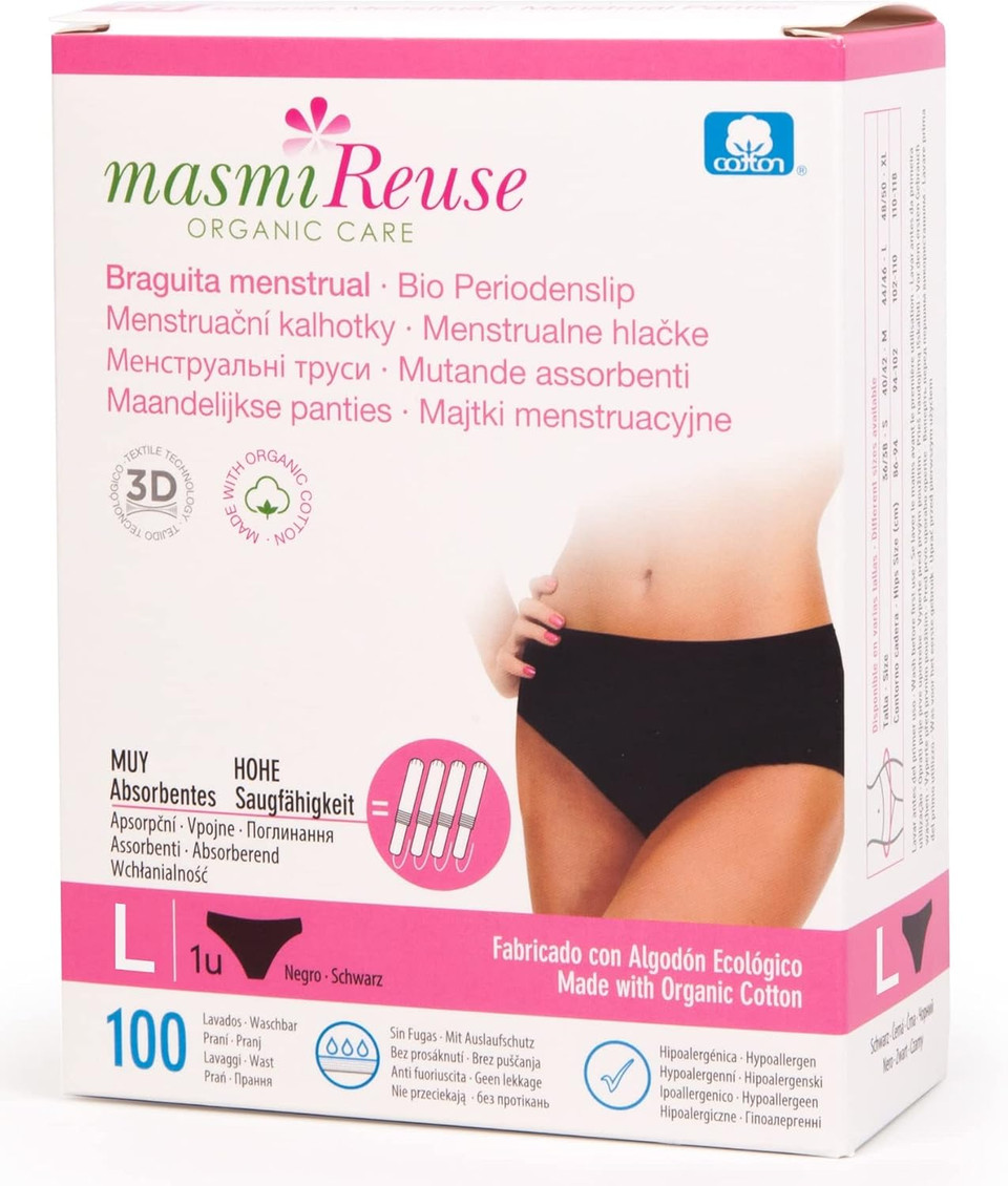 Washable Reusable Menstrual Period Pants Equivalent to 4 tampons Highly Absorbent, GOTS Organic Cotton, 100 Washes Masmi (Large), Black