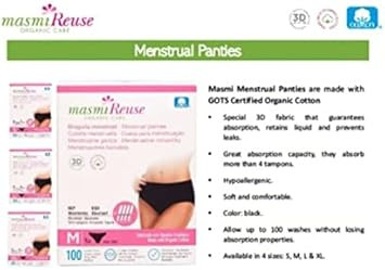 Washable Reusable Menstrual Period Pants Equivalent to 4 tampons Highly Absorbent, GOTS Organic Cotton, 100 Washes Masmi (Large), Black