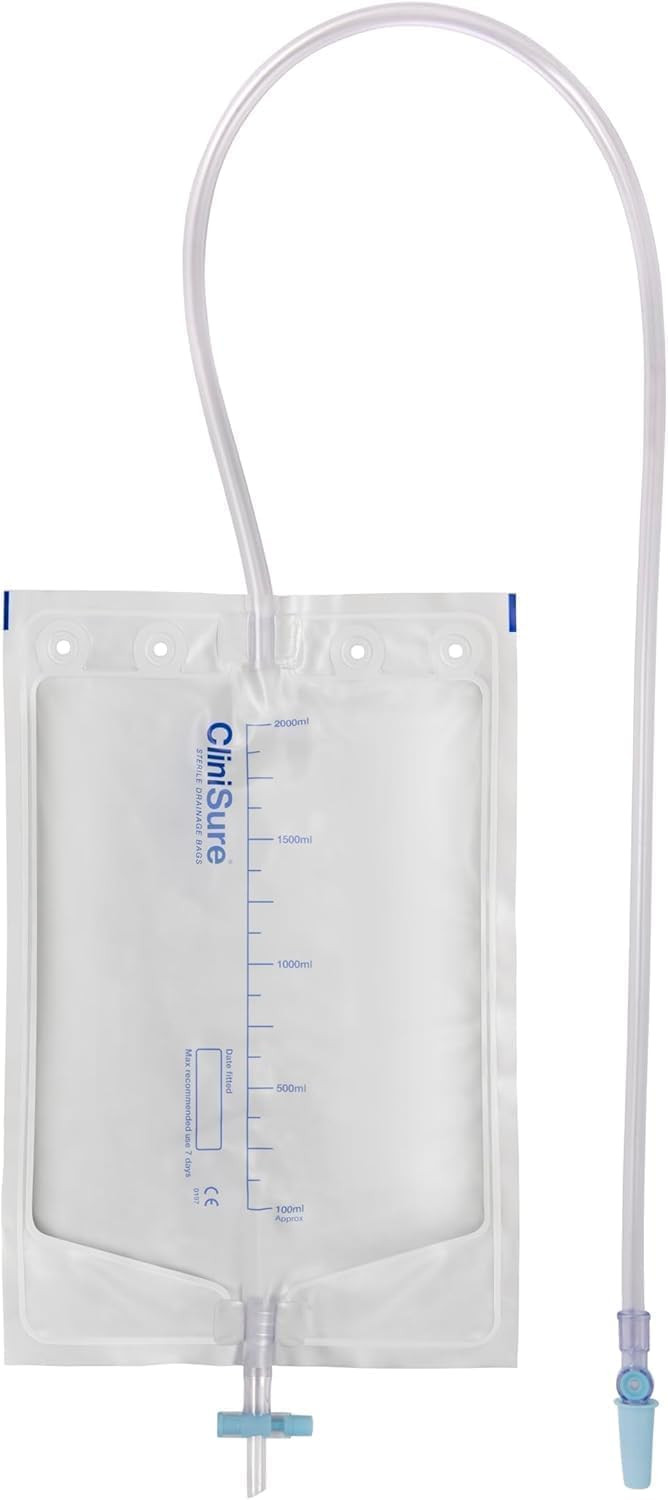 CliniSure 2L Sterile Night Urine Drainage Bags (10 Pack) - Secure Universal Ridged Connector, Leak-Free Non-Return Valve-Compatible with Indwelling & Intermittent Catheters, Soft Tubing with Lever Tap