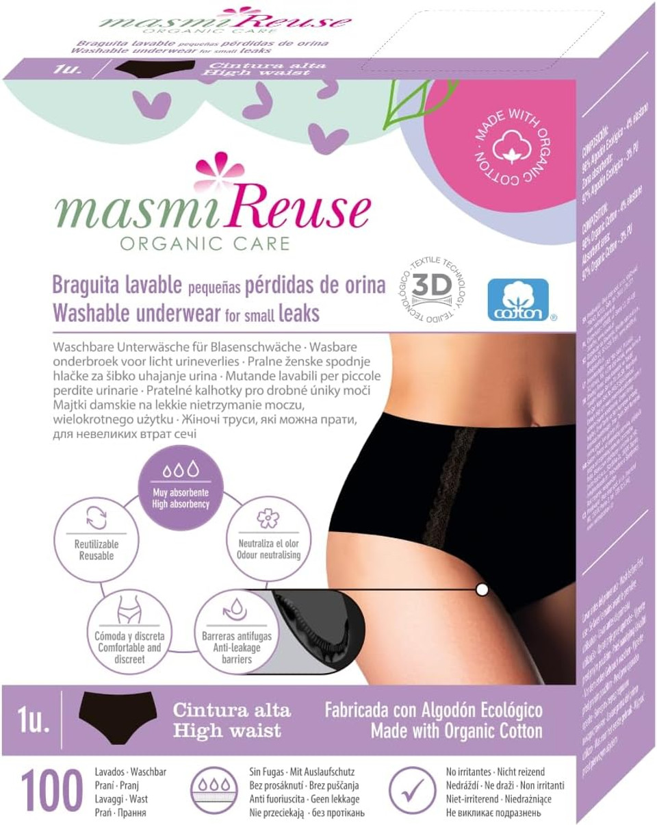 Organic Incontinence Maxi Briefs | Washable | Up to 100 x Reusable | Black | Masmi Reuse (M = 94-102 cm Hip Circumference)