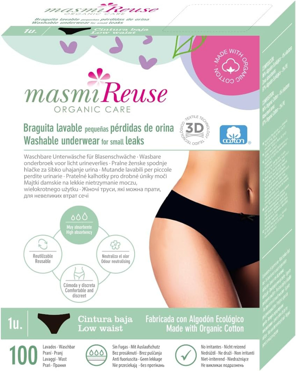 Organic Incontinence Maxi Briefs | Washable | Up to 100 x Reusable | Black | Masmi Reuse (M = 94-102 cm Hip Circumference)