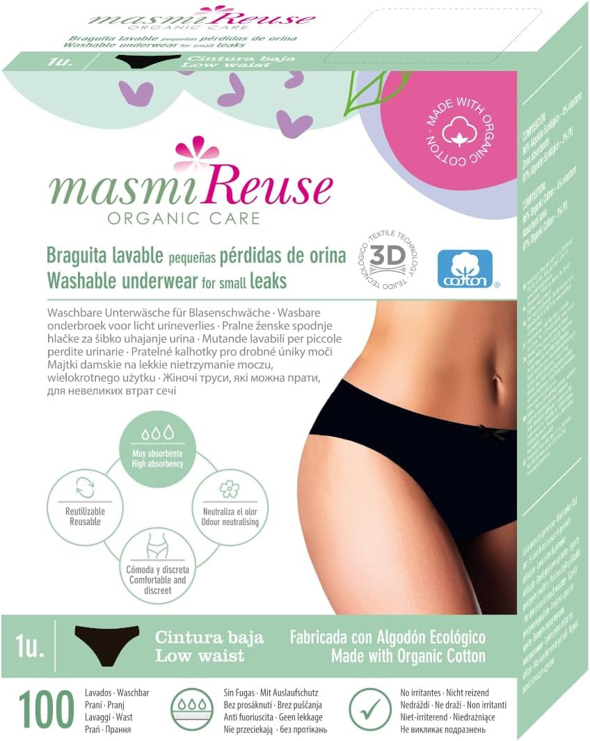 Organic Incontinence Briefs | Washable | Up to 100 x Reusable | Black | Masmi Reuse (M = 94-102 cm Hip Circumference)