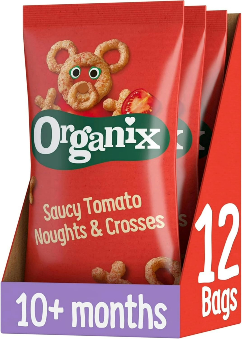 Organix Saucy Tomato Noughts & Crosses, Organic Toddler Snack, Corn Puffs, 10+ Months, Multipack, 4 x 15 g Bags Per Pack (3 Packs Total)