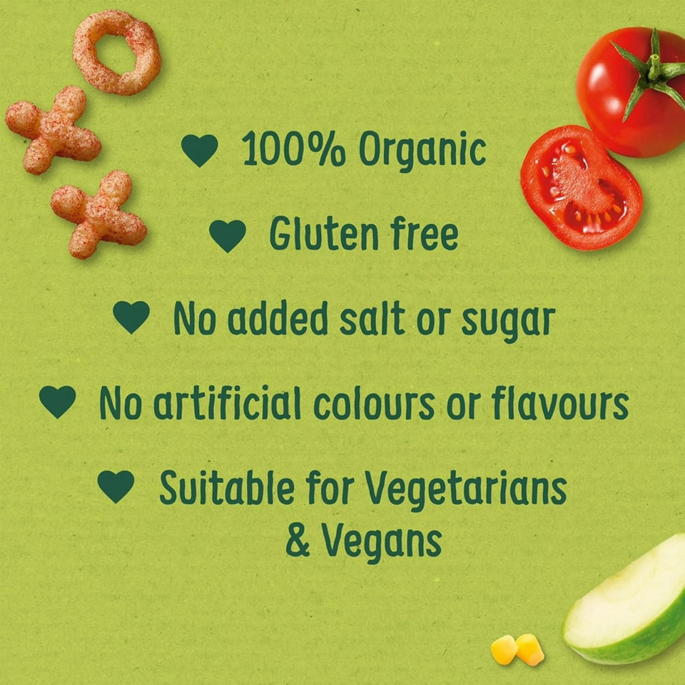Organix Saucy Tomato Noughts & Crosses, Organic Toddler Snack, Corn Puffs, 10+ Months, Multipack, 4 x 15 g Bags Per Pack (3 Packs Total)