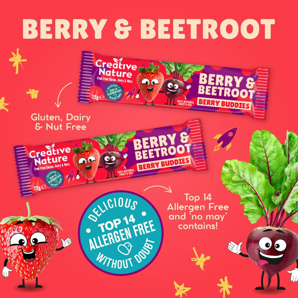 Creative Nature Snack Bars | Berry & Beetroot Flavour | Gluten Free | Oat and Fruit | Healthy Kids Snack Bar, Lunchbox Snacks | Top 14 Allergen Free |12 Bars x 25g