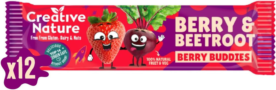 Creative Nature Snack Bars | Berry & Beetroot Flavour | Gluten Free | Oat and Fruit | Healthy Kids Snack Bar, Lunchbox Snacks | Top 14 Allergen Free |12 Bars x 25g