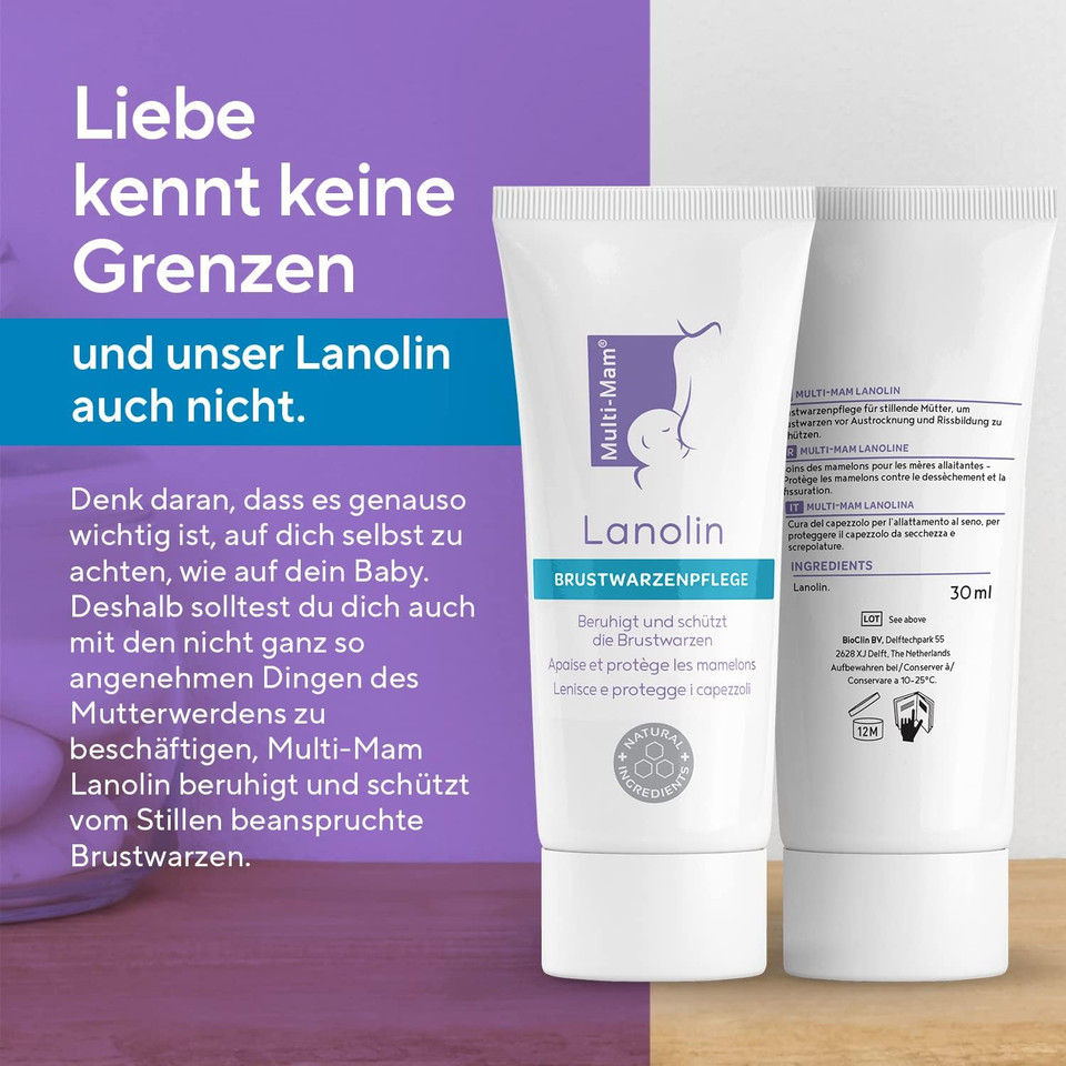 Multi-Mam Lanolin Nipple Cream 30ml For Breast Feeding Mothers - Moisturising Fast Relief for Sore, Cracked or Dry Nipples - 100% Safe for Babies - Hypoallergenic with No Fragrances