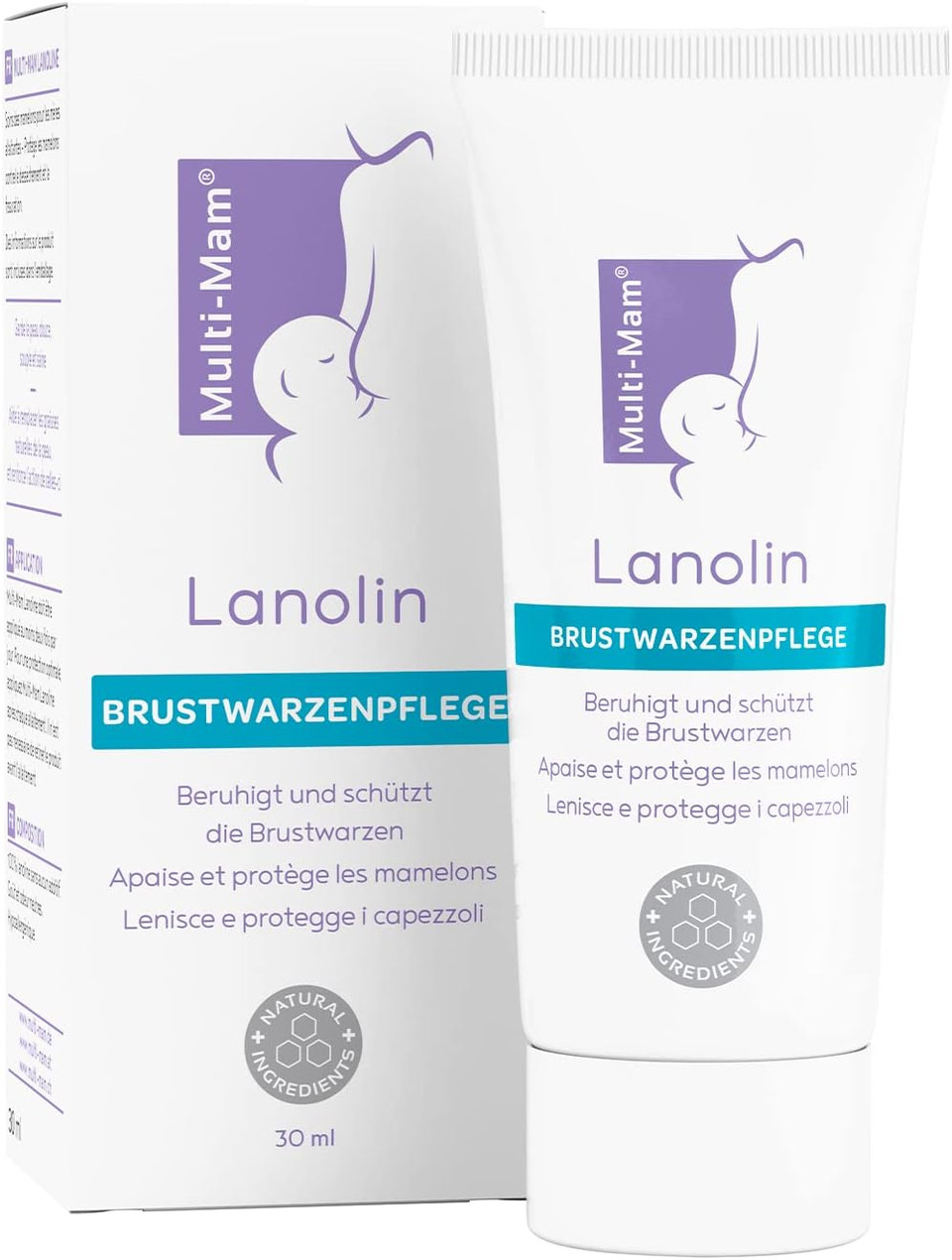 Multi-Mam Lanolin Nipple Cream 30ml For Breast Feeding Mothers - Moisturising Fast Relief for Sore, Cracked or Dry Nipples - 100% Safe for Babies - Hypoallergenic with No Fragrances