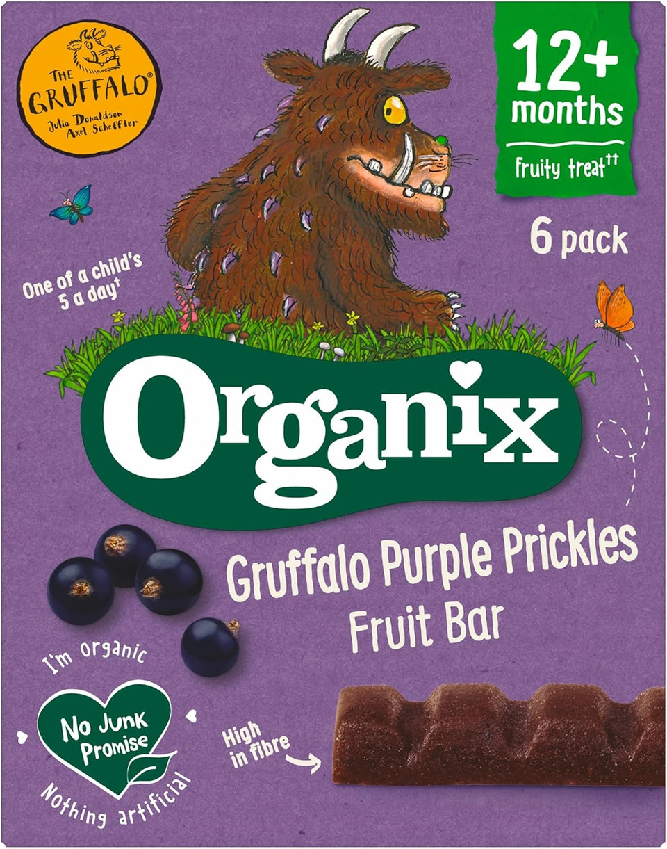 Organix Gruffalo Purple Prickles Blackcurrant Fruit Bars, Organic Toddler Snack 12+ Months, Multipack 6 x 17 g Bars Per Box (6 Boxes Total)