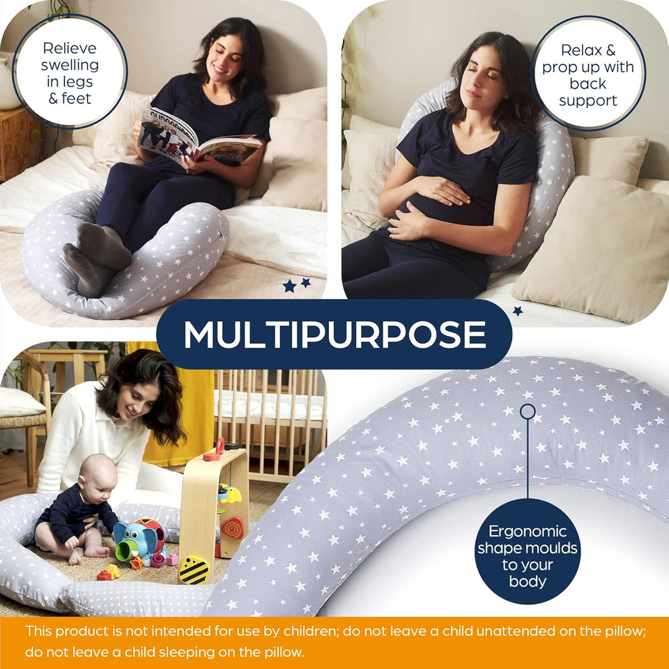 Niimo XXL Pregnancy Pillow & Nursing Pillow - 2-in-1 Design with a 100% Cotton Cover, Machine-Washable, White Dots (200 x 70 cm)