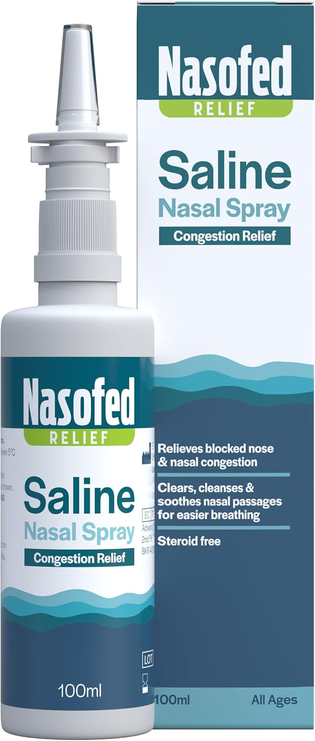 Nasofed Saline Nasal Spray. Isotonic Saline Solution. Effective and Gentle Relief from Nasal Congestion Caused by colds, sinusitis, hayfever and Allergies. 1 x 100 ml