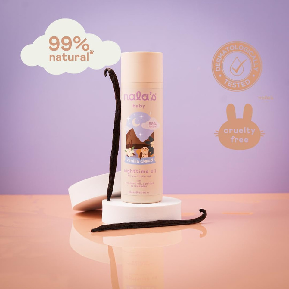 Nala's Baby Nighttime Oil Vanilla Cloud | Allergen-Free Sweet Vanilla Fragrance | 99% Natural | Dermatologically-tested and Paediatrician-approved | Shea Butter and Camomile | 200ml | Nalas Baby