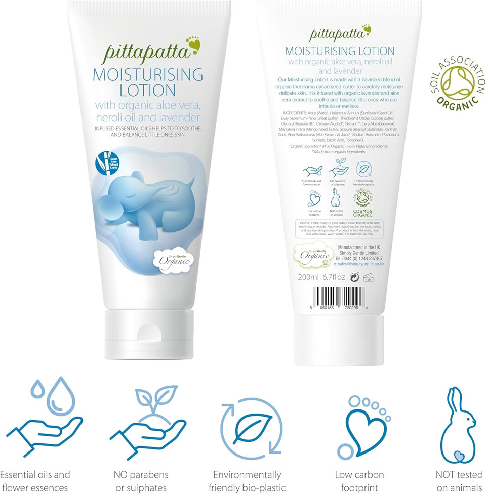 Pittapatta Organic Moisturising Lotion for Dry Skin, by Simply Gentle - Natural Moisturiser Body Lotion - Paraben- & Sulphate-free - Baby-Safe with Lavender Oil & Organic Chamomile - 200ml
