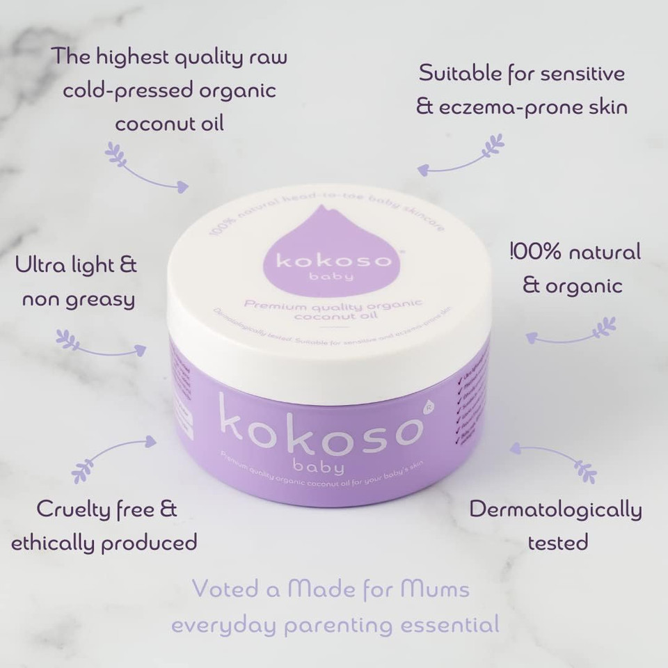 Kokoso Baby - Organic Coconut Oil - 100% Natural Baby Oil - For Dry, Sensitive Skin & Eczema Prone Skin - Ultra Lightweight & Non Greasy - Suitable from Newborn Upwards - 70g