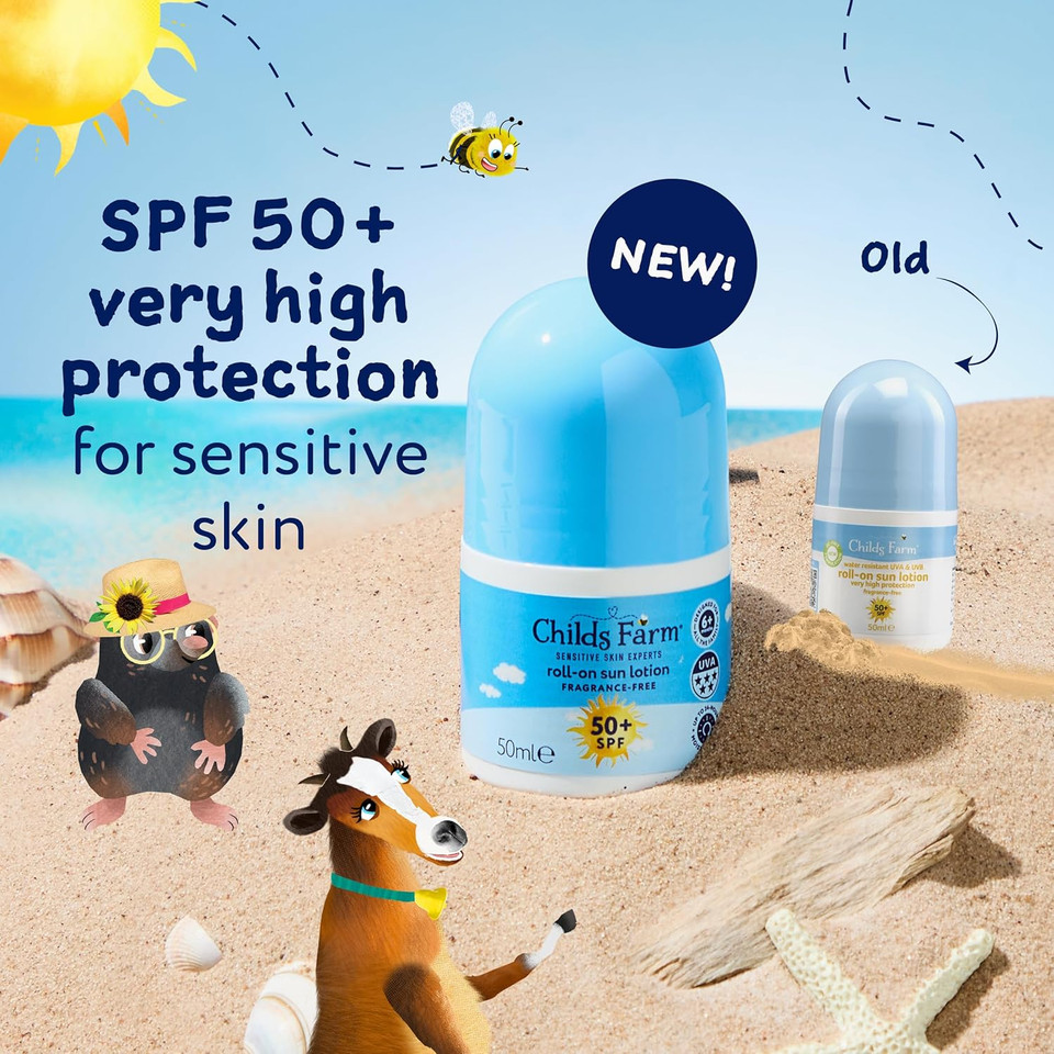 Childs Farm Kids & Baby Sun Lotion Roll-On SPF 50+ | UVA & UVB Very High Protection | Extra Water Resistant | Fragrance Free | Suitable for Dry, Sensitive Skin, 50ml