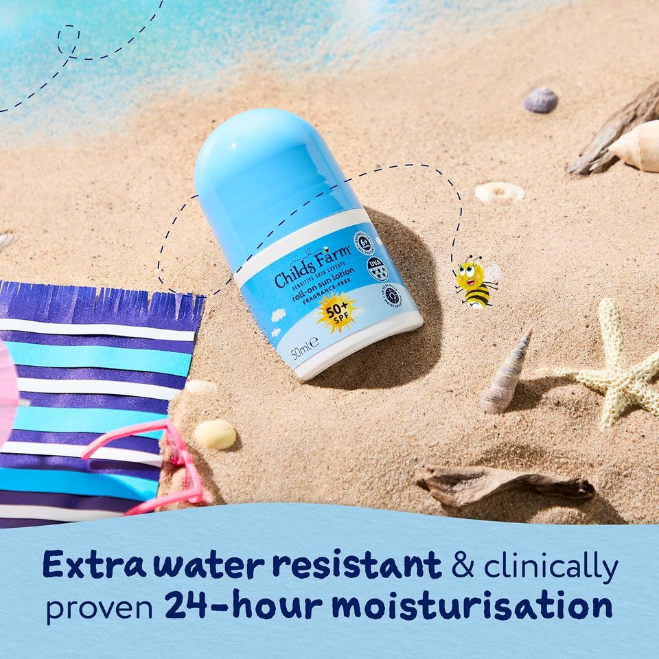 Childs Farm Kids & Baby Sun Lotion Roll-On SPF 50+ | UVA & UVB Very High Protection | Extra Water Resistant | Fragrance Free | Suitable for Dry, Sensitive Skin, 50ml