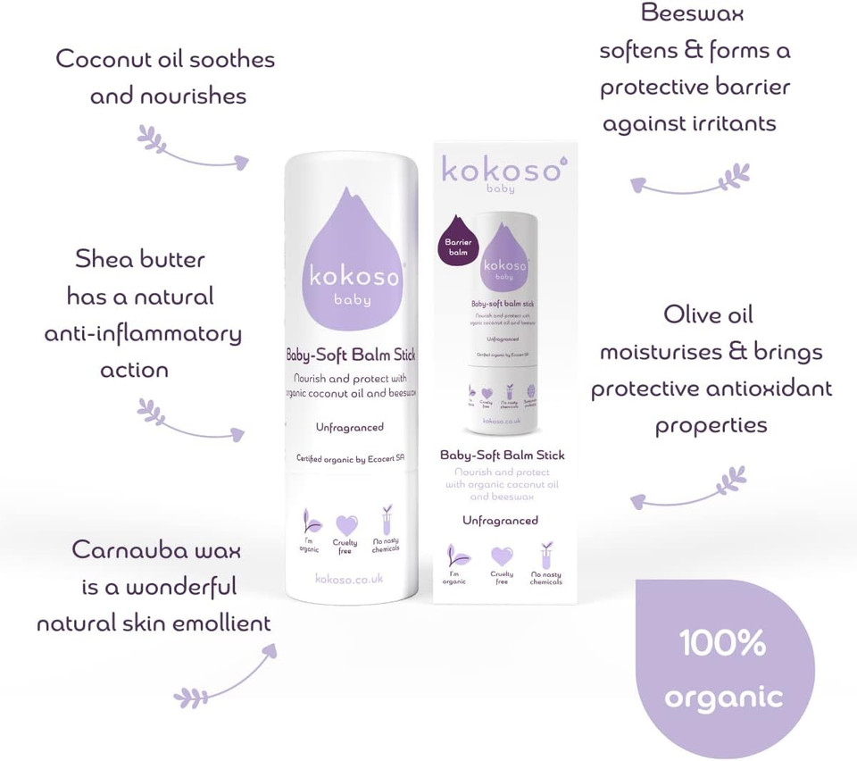 Kokoso Baby Soft Balm Stick, Organic Lavender, Great for Dry Hands, Sore Lips and Chapped Cheeks, Protects Dribbly Chins and Soothes Dribble Rash, 100% Natural & Organic Ingredients, 13g