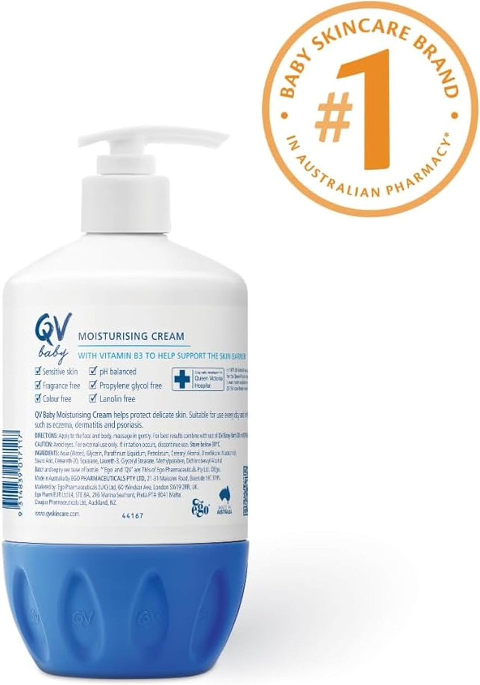 QV Baby Moisturising Cream, 500g - Rich Moisturising Cream With Glycerin and Vitamin B3 For Babies and Newborn, Non-Greasy For Sensitive Skin, with 24-Hour Protection, Baby Moisturiser, pH-balanced