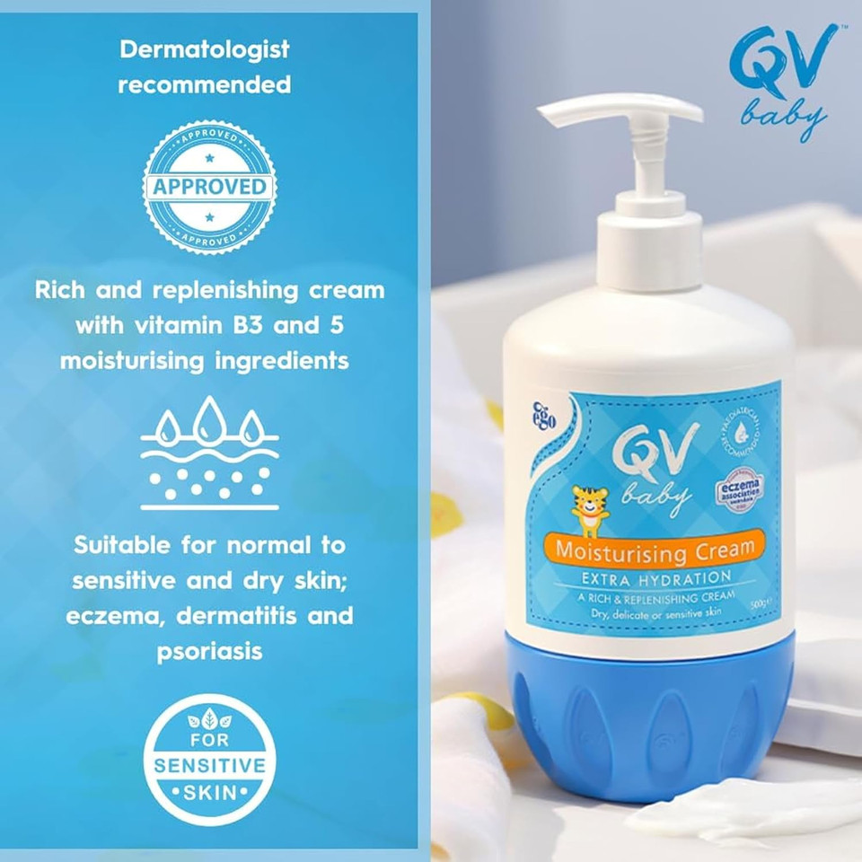 QV Baby Moisturising Cream, 500g - Rich Moisturising Cream With Glycerin and Vitamin B3 For Babies and Newborn, Non-Greasy For Sensitive Skin, with 24-Hour Protection, Baby Moisturiser, pH-balanced