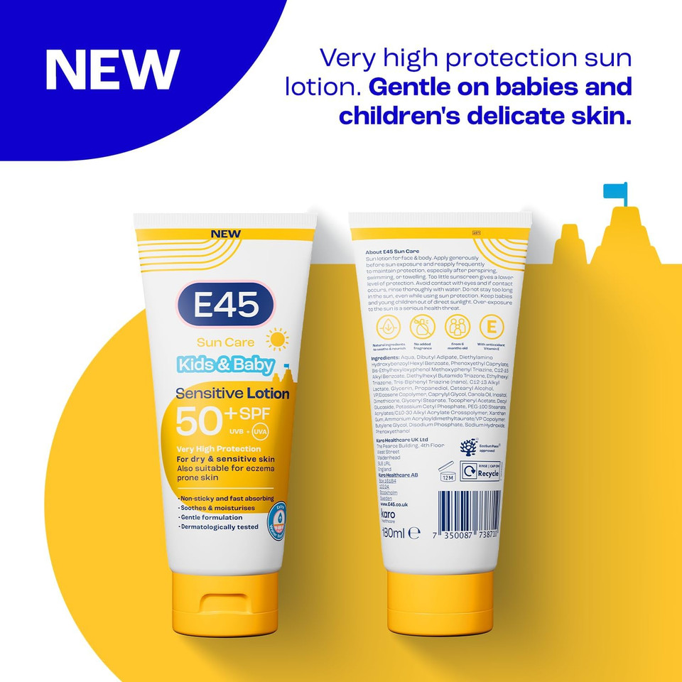E45 Kids & Baby Sun Lotion for Sensitive Skin SPF 50+. Face & Body Gentle Sun Cream with UVA & UVB Protection with Avocado Oil. For Dry Sensitive Skin and Eczema Prone Skin -180 ml
