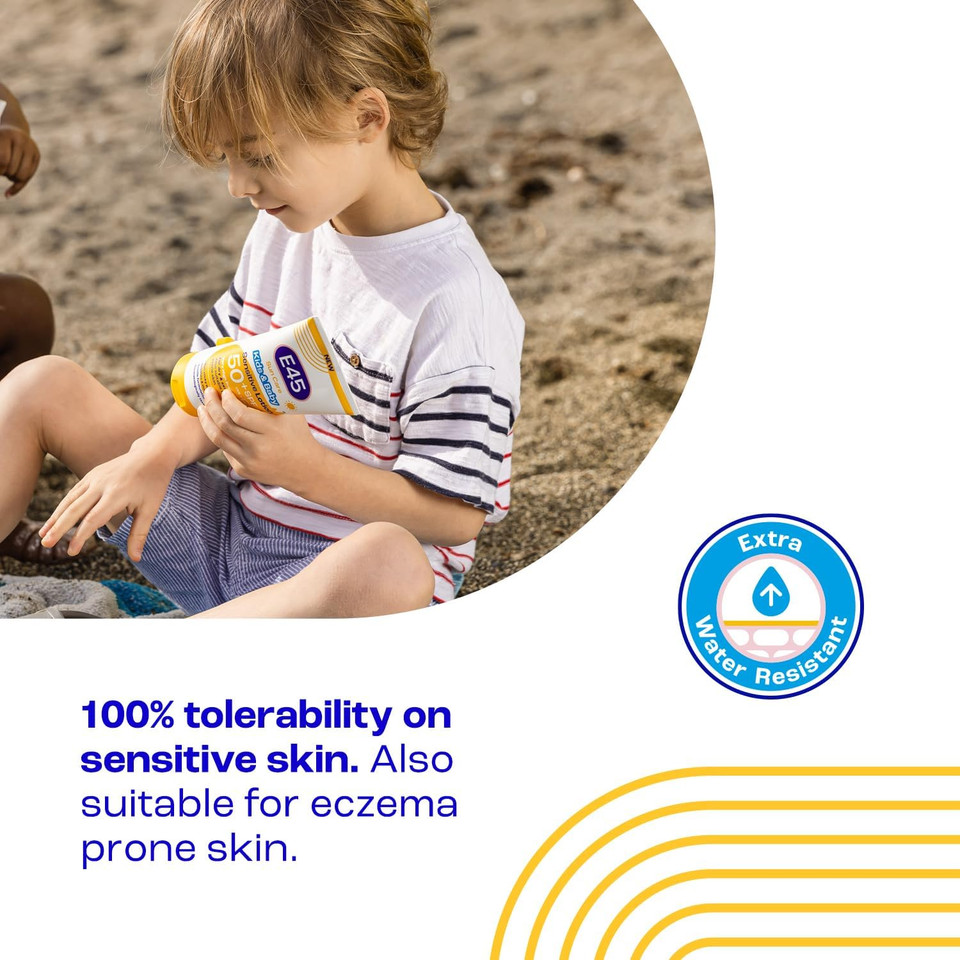 E45 Kids & Baby Sun Lotion for Sensitive Skin SPF 50+. Face & Body Gentle Sun Cream with UVA & UVB Protection with Avocado Oil. For Dry Sensitive Skin and Eczema Prone Skin -180 ml