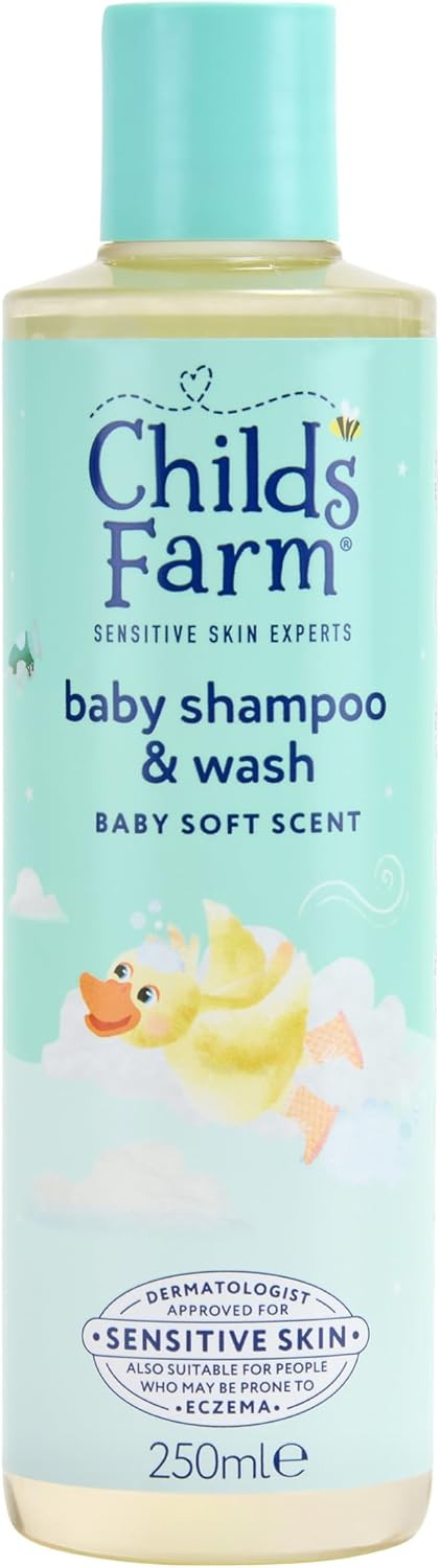 Childs Farm Baby Shampoo & Body Wash, Baby Soft Scent, Tear-free | Gently Cleanses & Soothes | Suitable for Newborns with Dry, Sensitive Skin, 250ml