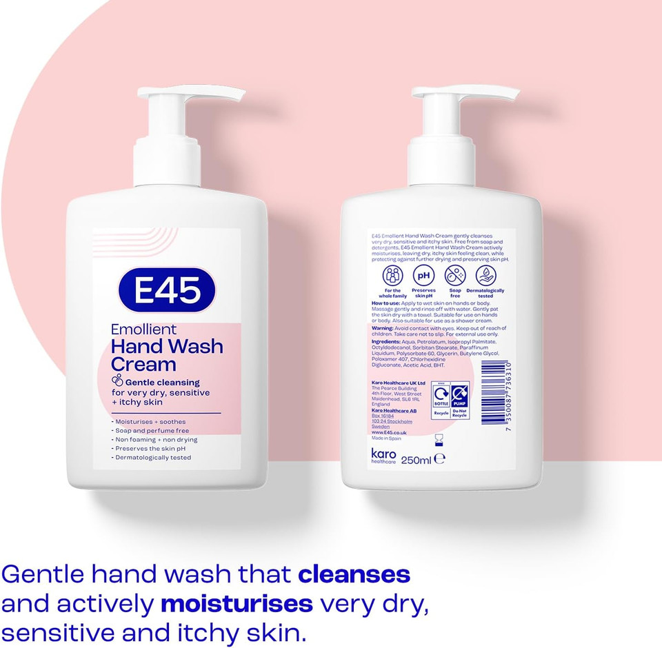 E45 Hand and Body Wash Cream - Relieve Dry, Itchy & Irritated Eczema Prone Skin - 250ml - Gently Cleanses Very Dry and Sensitive Skin - Dermatological Soap Free Emollient