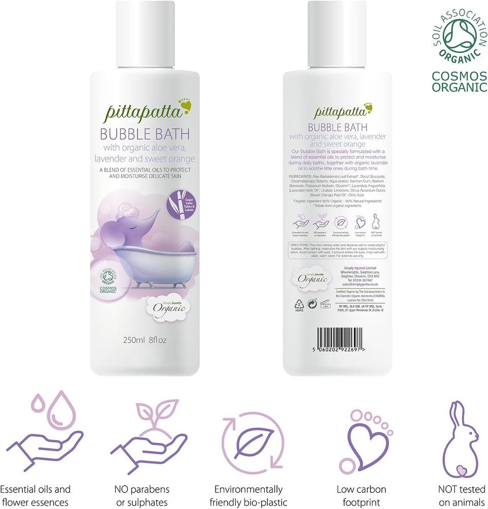 Pittapatta Organic Baby Bubble Bath Body Wash, by Simply Gentle - Moisturising Body Wash with Cleansing Agents - Baby-Safe with Lavender, Organic Aloe Vera & Sweet Orange - 250ml
