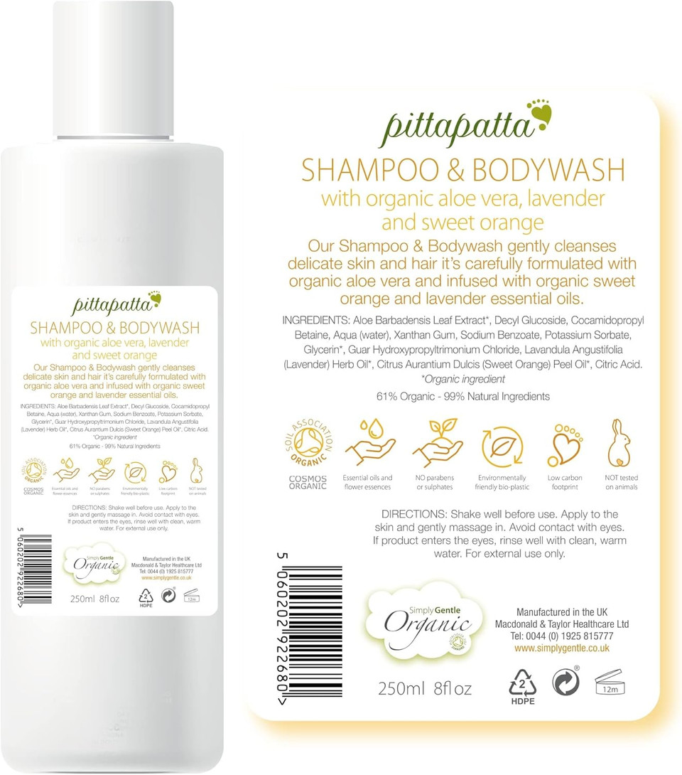 PittaPatta Organic Natural Baby Shampoo and Body Wash, by Simply Gentle - Moisturising Body Wash with Cleansing Agents - Baby-Safe with Lavender, Chamomile & Aloe Vera - (250ml)