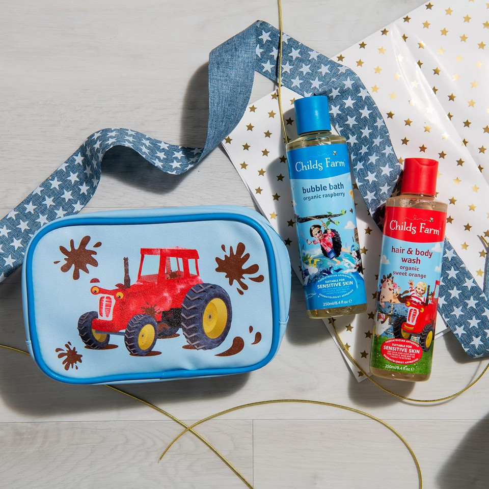 Childs Farm | Kids Tractor Luxury Wash Bag Gift | Organic Raspberry Bubble Bath 250ml & Sweet Orange Hair & Body Wash 250ml | Suitable for Dry, Sensitive & Eczema-prone Skin