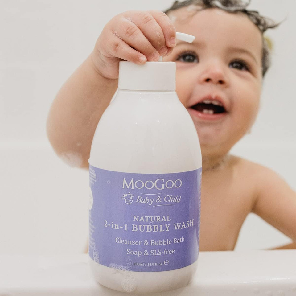 MooGoo 2-in-1 Bubbly Wash - Natural Baby Cleanser & Bubble Bath, Baby Body Wash & Shampoo, Soap, SLS, Fragrance-Free, Dermatologically Tested, Gentle for Sensitive Skin, 500ml / 16.9 fl.oz