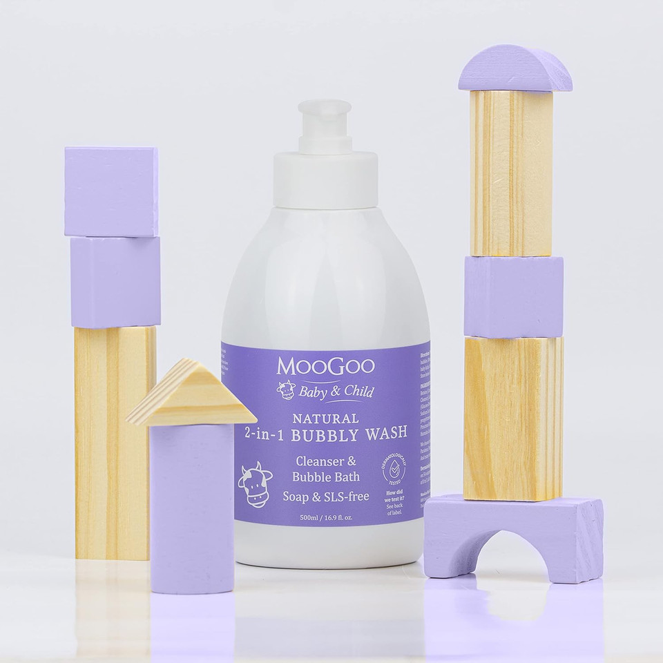 MooGoo 2-in-1 Bubbly Wash - Natural Baby Cleanser & Bubble Bath, Baby Body Wash & Shampoo, Soap, SLS, Fragrance-Free, Dermatologically Tested, Gentle for Sensitive Skin, 500ml / 16.9 fl.oz