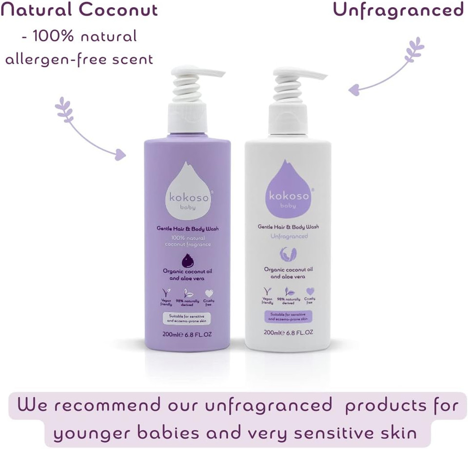 Kokoso - Baby Hair & Body Wash, Unfragranced - Natural Coconut Oil & Aloe Vera - Suitable for Sensitive & Eczema Prone Skin - 98% Naturally Derived, Safe from Birth - 200ml