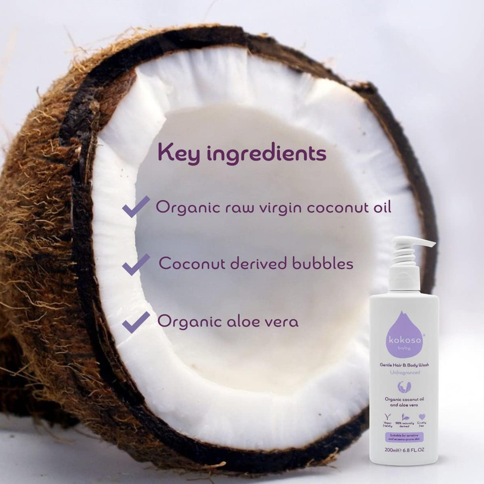 Kokoso - Baby Hair & Body Wash, Unfragranced - Natural Coconut Oil & Aloe Vera - Suitable for Sensitive & Eczema Prone Skin - 98% Naturally Derived, Safe from Birth - 200ml