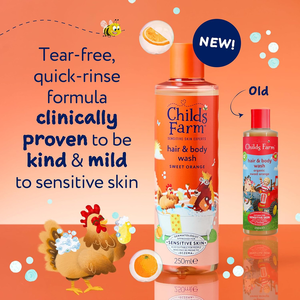 Childs Farm Kids Hair & Body Wash, Sweet Orange | Tear-free, Gently Cleanses | Suitable for Dry, Sensitive Skin, 250ml (Pack of 2)